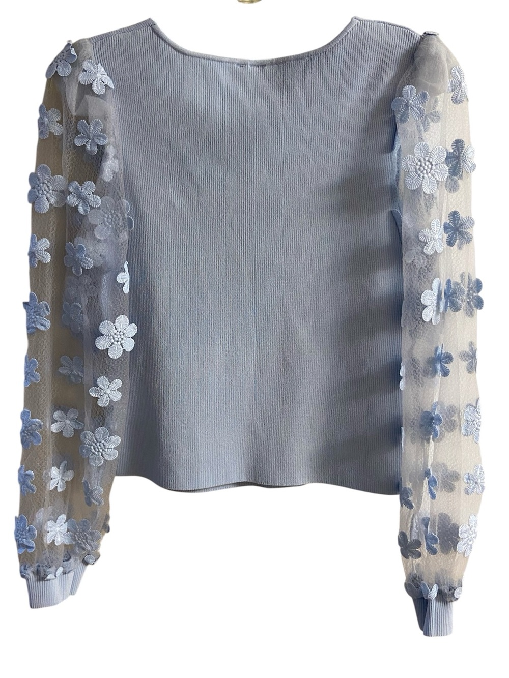 Anthropologie Dolan Sheer Sleeve Applique Sweater Light Blue Knit V-Neck Medium - Picture 3 of 12